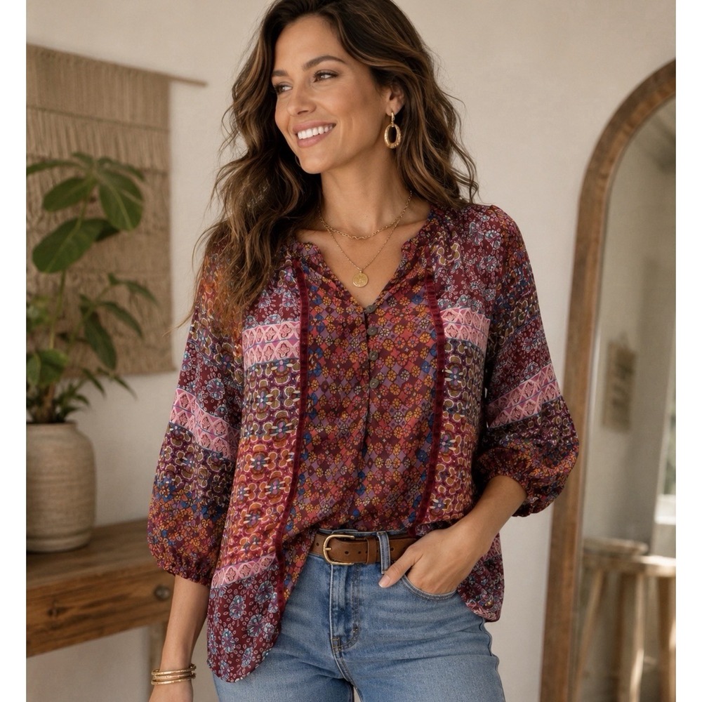 Roz & Ali Patchwork Peasant Blouse Top Sz M Boho Cottagecore Hippie Gypsy Granny